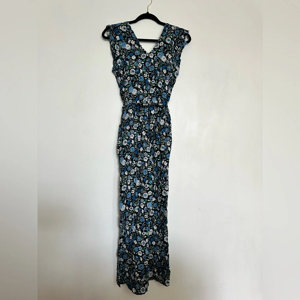 LOFT Blue Black Floral Flowers Print Wide Leg Sleeveless Jumpsuit Pockets - Picture 4 of 6